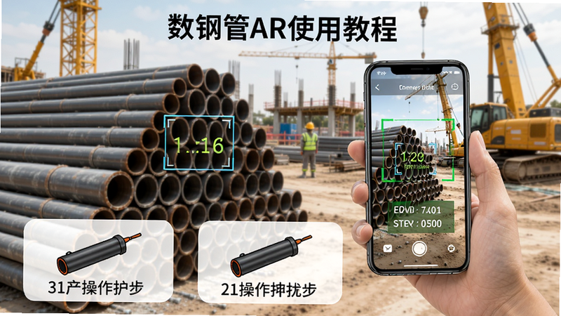 数钢管AR使用教程示意图,用户手持手机对准钢管堆,屏幕显示识别框和计数结果,背景为施工现场,操作步骤清晰
