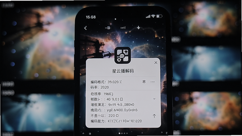 星云播解码演示画面,手机屏幕显示视频信息弹窗内列出编码格式、码率、帧数等详情的特写,背景为模糊的影片片段,突出解码能力图标。