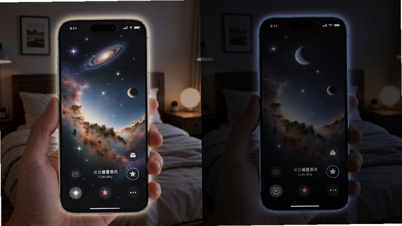 星云播夜间模式开启对比,左半边为白天模式高亮界面,右半边为深色调夜间模式,手机屏幕边缘发光柔和,背景为卧室暗光环境。