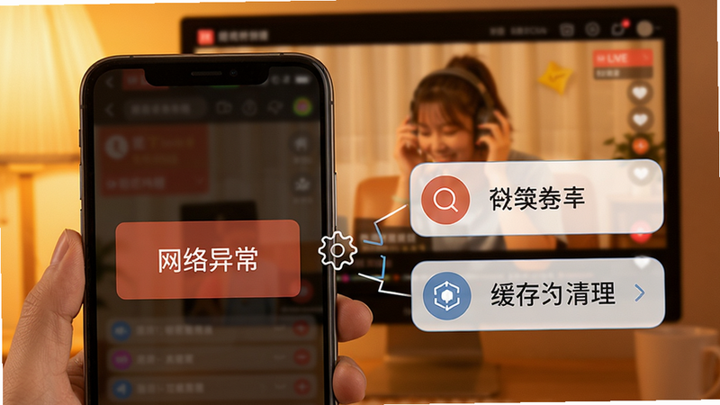 今映直播故障排除示意图,手机屏幕上显示“网络异常”提示框,旁边有设置图标和缓存清理选项,背景为直播界面,色调偏暖,体现问题解决场景。