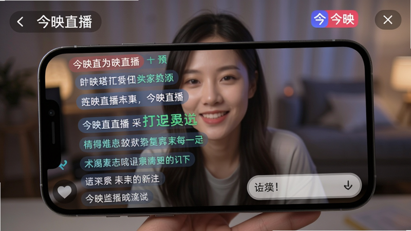 今映直播弹幕互动场景,手机屏幕上显示直播画面,飘过彩色弹幕,右下角有输入框,弹幕文字清晰,背景为直播画面虚化效果,强调今映直播的互动氛围。
