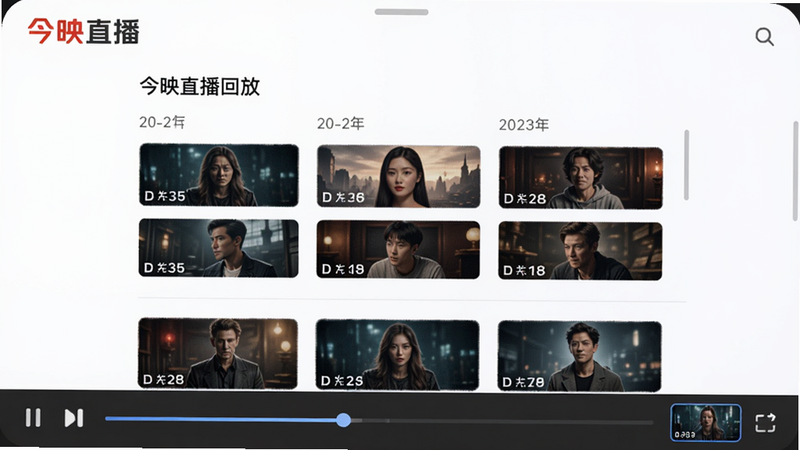 今映直播回放界面,显示节目列表带有日期和缩略图,底部播放进度条上有预览小窗,界面设计简洁,突出回放功能,今映直播logo置于左上角。