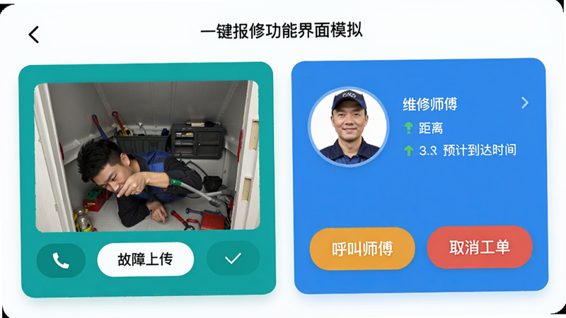 江子为民一键报修功能界面模拟图,左侧为故障照片上传区域,右侧显示维修师傅头像、距离和预计到达时间,底部有“呼叫师傅”和“取消工单”按钮,界面采用卡片式设计,色彩明快