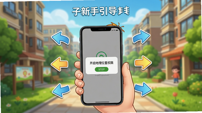 江子为民新手引导界面展示,画面中央有一个卡通人物手持手机,手机屏幕显示“开启地理位置权限”弹窗,周围有步骤箭头指引,背景为社区实景模糊处理,整体色调明亮,适合教学场景