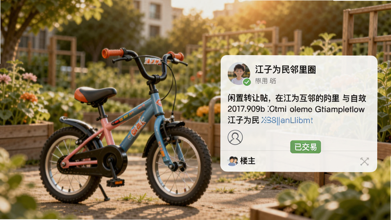 江子为民邻里圈页面预览,展示一条闲置转让帖,商品为儿童自行车,下方有“楼主”、“已交易”标识,背景是模糊的社区花园照片,整体色调温暖,突出社区互助氛围