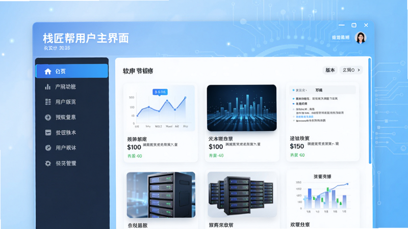 栈匠帮用户版主界面预览图,展示简洁的首页布局,左侧功能菜单栏,右侧内容区域,背景为渐变的浅蓝色科技感,画面干净明亮,突出软件名称和版本号