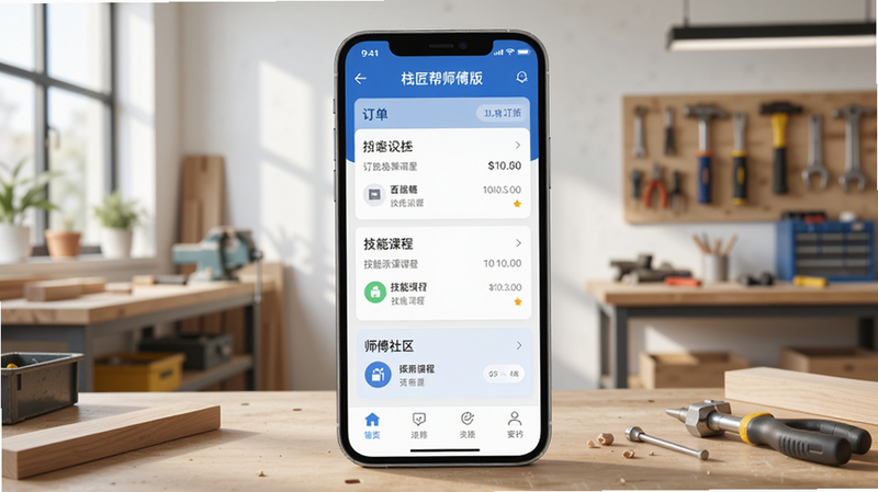 画面展示栈匠帮师傅版APP首页,包含订单列表、技能课程、师傅社区等模块,背景为明亮的工作室场景,主体突出手机界面,坐标居中,风格写实,细节清晰。