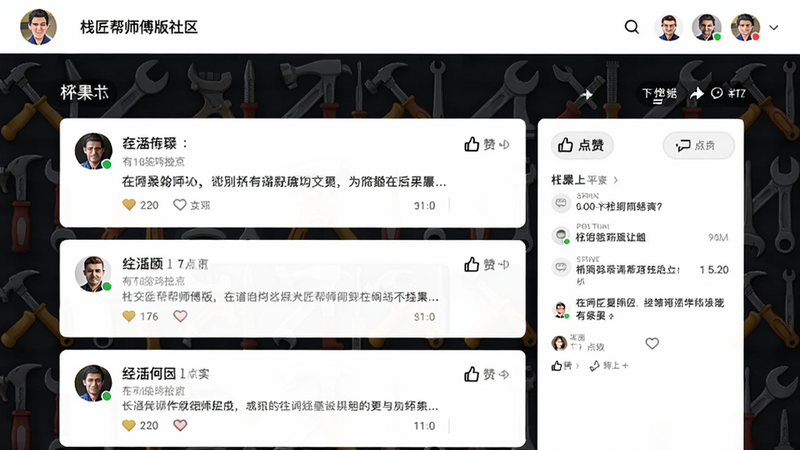 栈匠帮师傅版社区界面,显示帖子列表、评论、点赞,用户头像,背景有工具图案。