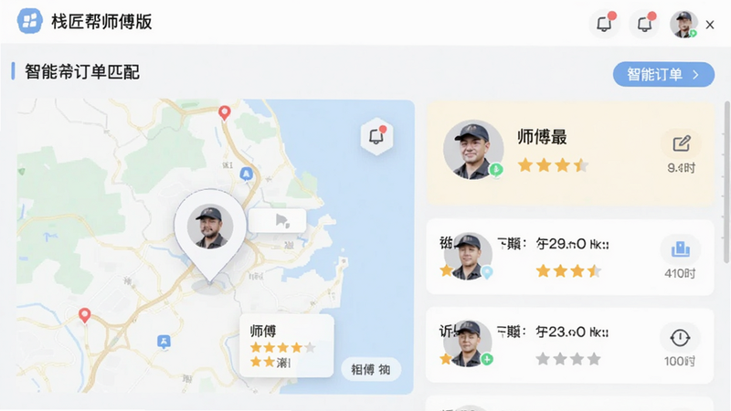 栈匠帮师傅版智能订单匹配界面,显示附近订单列表,地图标注位置,师傅头像和评分,界面清晰,色彩柔和。