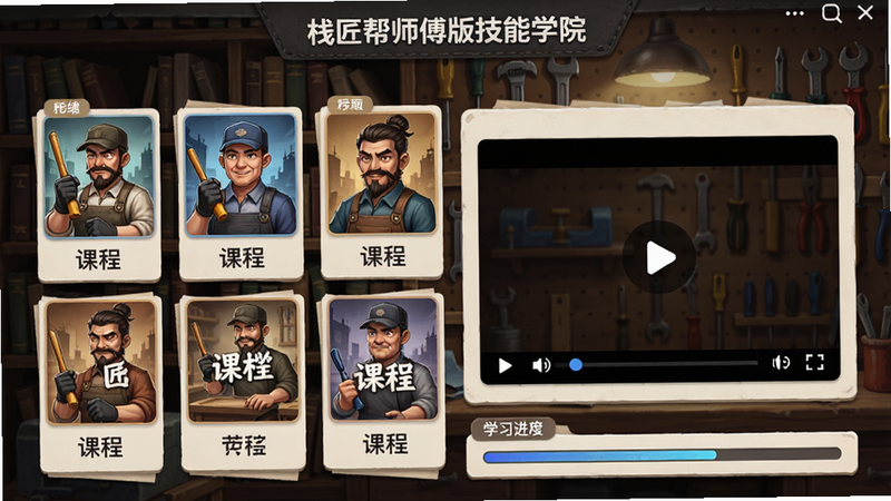 栈匠帮师傅版技能学院界面,展示多个课程封面,视频播放窗口,学习进度条,背景为书架或工具墙。