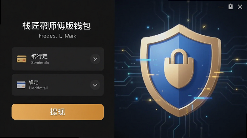 栈匠帮师傅版钱包提现界面截图,显示银行卡绑定和提现按钮,背景为安全盾牌图标。