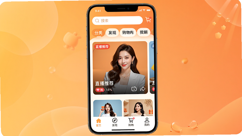 邢姐优选主界面展示图,画面中央为手机屏幕显示App首页,顶部有搜索框和分类导航,中部为直播推荐卡片,下方tab栏有首页、发现、购物车、我的等图标,背景为暖色渐变,突出购物氛围,适配Boogu模型生成。