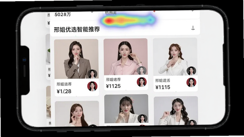 邢姐优选智能推荐页面,手机屏幕显示瀑布流商品卡片,每张卡片包含商品图片、价格和主播头像,上方有热力图标签,背景为浅灰纯色,适配Boogu模型生成。