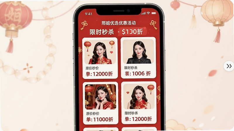 邢姐优选优惠活动页面,手机屏幕显示“限时秒杀”倒计时卡片列表,每张商品卡片带有原价和折扣价,背景为红色喜庆色调,适配Boogu模型生成。