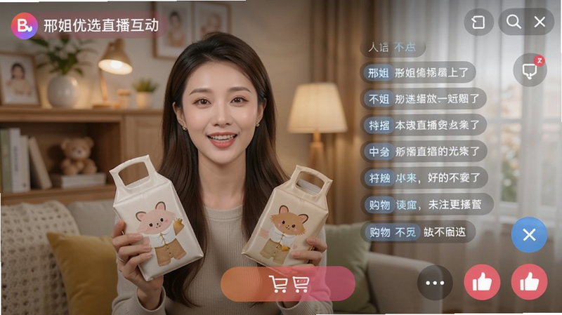 邢姐优选直播互动界面,画面中主播手持商品微笑讲解,右侧飘过弹幕评论,底部有购物车按钮和点赞图标,背景为温馨家居风格,适配Boogu模型生成。