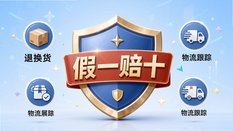 邢姐优选售后保障展示图,画面中央为盾牌图标配“假一赔十”文字,周围环绕退换货、物流跟踪等小图标,背景为浅蓝色渐变,适配Boogu模型生成。