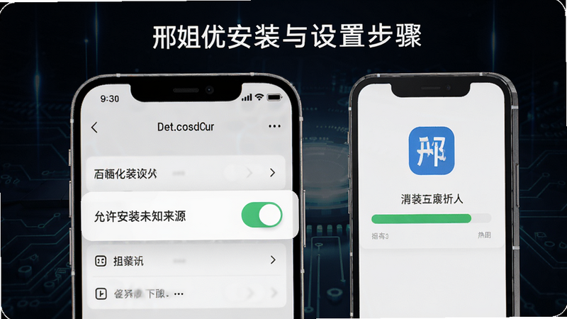 邢姐优选安装与设置步骤图,画面中展示手机设置界面,突出“允许安装未知来源”开关为开启状态,旁边有手机模型显示App安装进度条,背景为深色科技感,适配Boogu模型生成。