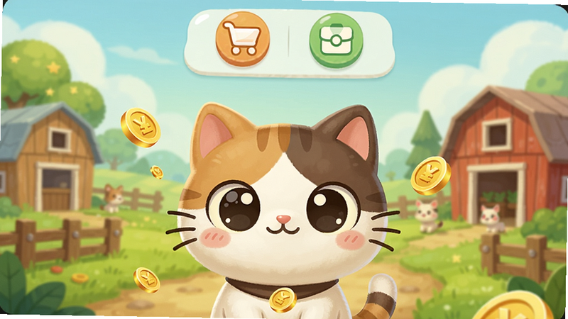 一幅展示叮当喵App主界面的截图,画面中央是可爱的猫咪卡通形象,背景是绿意盎然的农场,上方有商城和任务图标,整体风格清新活泼,色调温暖柔和,猫咪眼睛大而圆,周围有金币飘落特效。