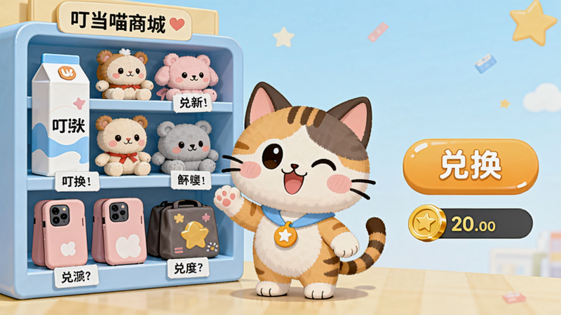 叮当喵商城兑换界面的概念图,一只卡通猫站在装满商品的货架前,货架上摆着牛奶、玩偶、手机壳等,旁边有“兑换”按钮和金币数量显示,整体采用明亮浅色背景,商品标签清晰,猫咪表情开心,体现轻松购物氛围。