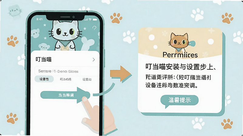 一张展示叮当喵安装与设置步骤的示意图,左侧是一部手机屏幕显示权限设置界面,右侧是一张温馨提示卡片,整体采用扁平化设计,颜色清新,箭头指示操作步骤,背景有小小的猫咪脚印装饰。