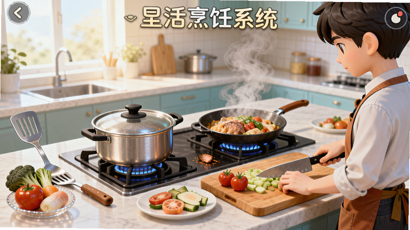 华丽生活烹饪系统界面,灶台上有锅铲,食材摆放整齐,角色正在切菜,背景厨房明亮干净,食物冒热气,色彩诱人