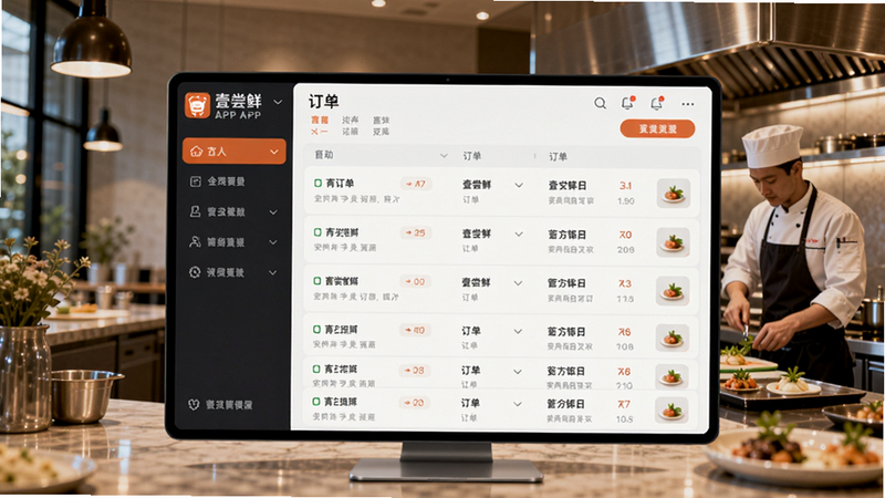 画面中央展示壹尝鲜APP的商户后台主界面,左侧菜单栏清晰,右侧显示订单列表,背景为现代简约风格的餐厅厨房,光线明亮,厨师正在准备菜品,整体色调温暖,细节丰富写真。