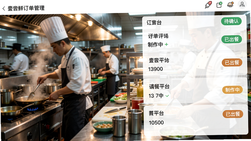 壹尝鲜订单管理界面,显示多笔来自不同平台的订单,状态标签如“待确认”“制作中”“已出餐”醒目,背景为繁忙的餐厅后厨,厨师在操作,画面动感。