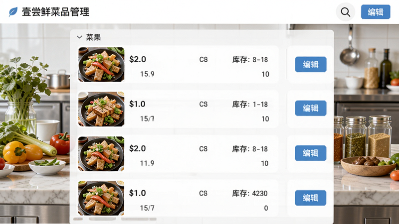 壹尝鲜菜品管理界面,展示菜品列表,每道菜有图片、价格、库存数量,右侧有编辑按钮,背景为整洁的厨房操作台,摆放新鲜食材和调料,风格清新。