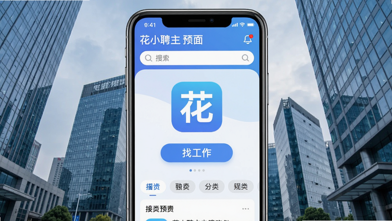 花小聘主界面预览,手机屏幕显示招聘列表,背景为城市写字楼,画面中心为APP图标和“找工作”按钮,整体色调清爽,细节包括搜索框和分类标签