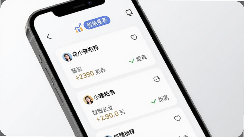 花小聘智能匹配界面,手机屏幕展示推荐岗位列表,每个卡片显示企业名称、薪资和距离,顶部有“智能推荐”标签,背景为简约白灰渐变