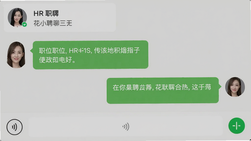 花小聘聊天界面,左右两侧气泡对话,顶部显示HR头像和职位名称,底部有语音输入按钮,背景为聊天背景浅灰色,整体风格类似微信