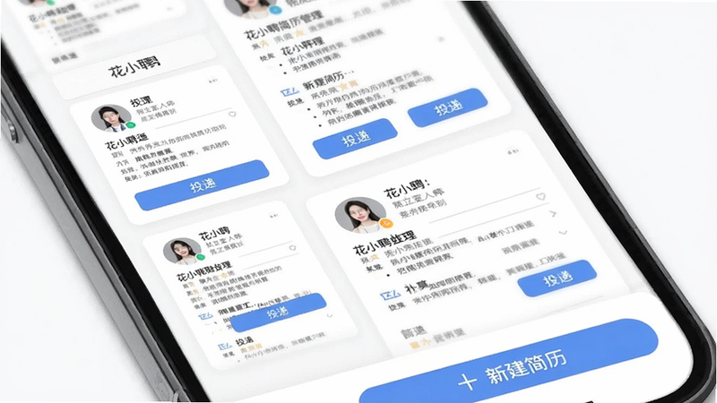 花小聘简历管理页面,手机屏幕显示多个简历卡片,每个卡片有“投递”按钮,底部有“新建简历”按钮,背景为纯白色,布局整齐