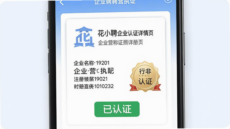 花小聘企业认证详情页,手机屏幕展示企业营业执照和认证徽章,背景为淡蓝色,下方有“已认证”绿色标签,画面清晰显示企业名称和注册号