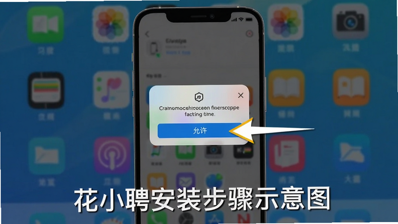 花小聘安装步骤示意图,手机屏幕显示权限请求弹窗,背景为手机桌面,箭头指向“允许”按钮,下方有文字说明