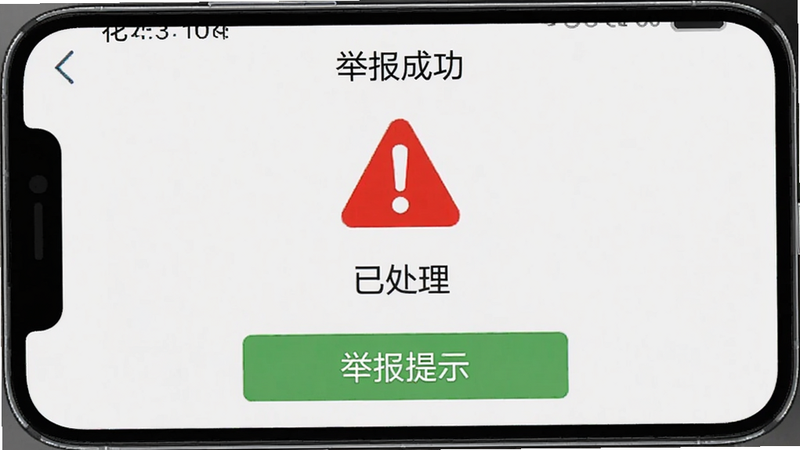 花小聘安全提示截图,手机屏幕显示“举报成功”页面,背景为红色警告图标,文字提示“已处理”,下方有举报按钮,整体风格警示