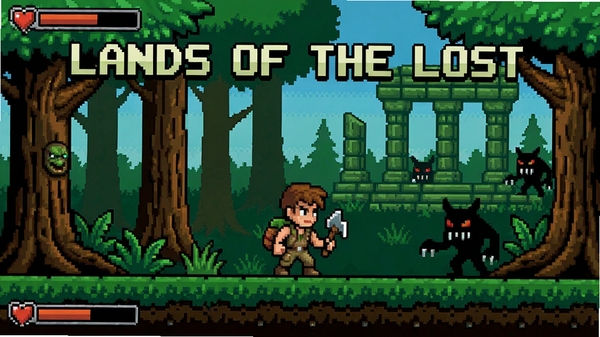 失落的大陆(Lands Of The Lost)游戏画面,像素风格,主角在森林中探索,背景有古老遗迹和怪物,适配Boogu模型生成