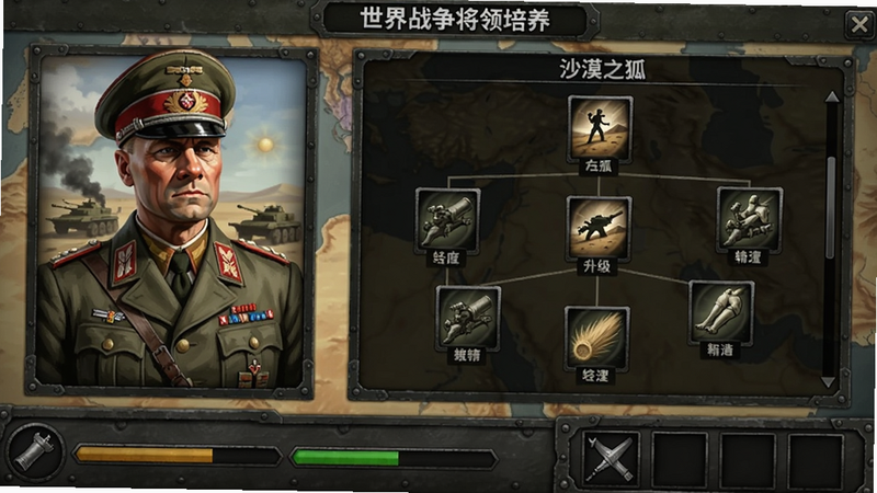 二战名将:世界战争将领培养界面,左侧为隆美尔立绘,右侧展示技能树“沙漠之狐”升级选项,背景为沙漠战场地图,画面下方有经验条和装备槽,整体UI采用军事风暗色金属质感