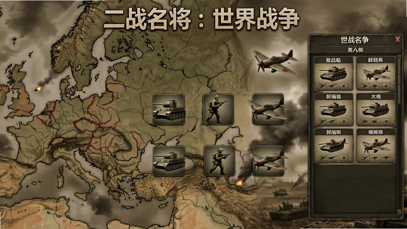 全景展示二战名将:世界战争的核心主界面,画面左侧为欧洲战场地图,右侧为部队编队面板,背景为硝烟弥漫的战场天空,中景呈现坦克、步兵、战机等兵种图标,整体风格写实厚重,色调偏棕黄,标注“二战名将:世界战争”标题字样