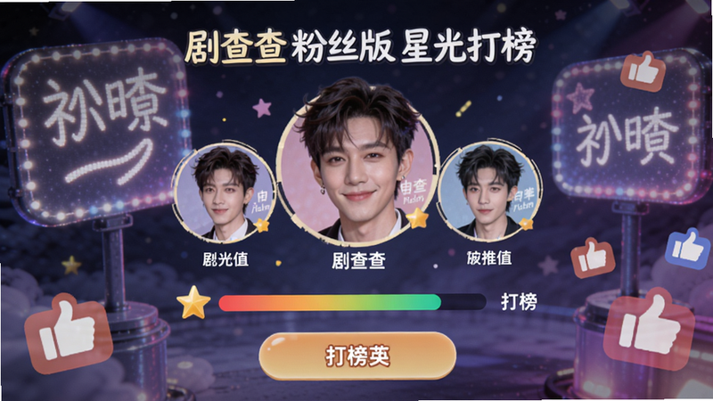 剧查查粉丝版星光打榜页面,明星头像下方有星光值进度条和打榜按钮,背景有粉丝灯牌和点赞图标,色彩鲜艳,适配Boogu模型。