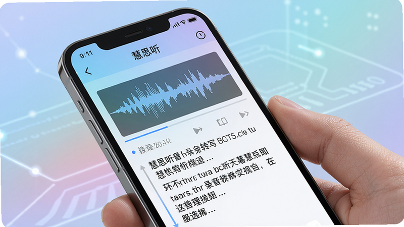 手机屏幕上显示慧思听录音转写界面,波形图与文字同步滚动,背景是柔和渐变,体现科技感。