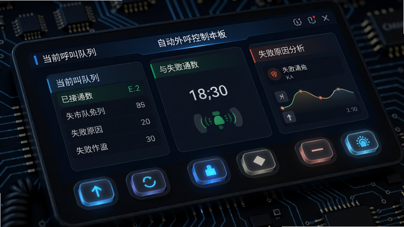 电销牛马自动外呼控制面板特写,显示当前呼叫队列、已接通数与失败原因分析,界面采用卡片式布局,按键有按压反馈光效,背景为深色科技感电路板纹理,突出智能与自动化