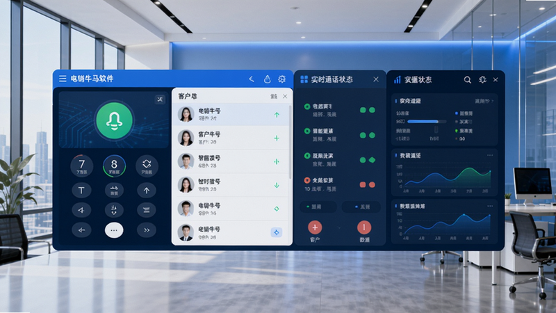 电销牛马软件主界面全景预览图,左侧为智能拨号盘与客户列表,右侧显示实时通话状态与数据看板,背景为现代简约商务办公室,整体采用蓝白科技色调,突出专业高效氛围