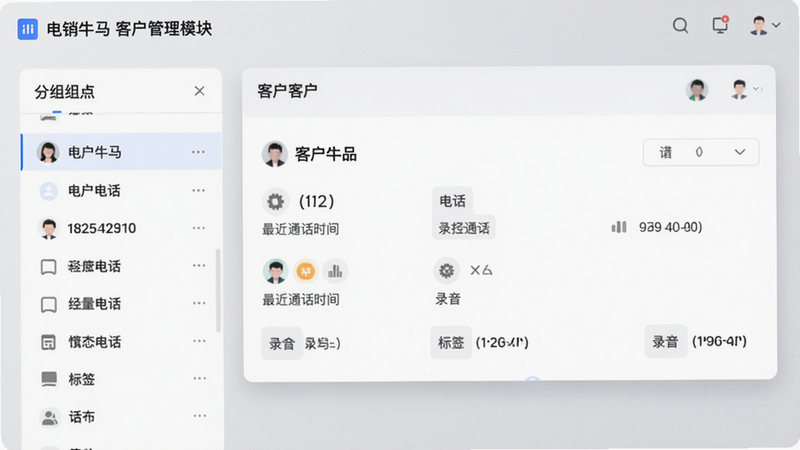 电销牛马客户管理模块界面,展示分组列表与客户卡片详情,包含姓名、电话、标签、最近通话时间与录音图标,背景为浅灰色商务质感,卡片带柔和阴影,整体干净易读