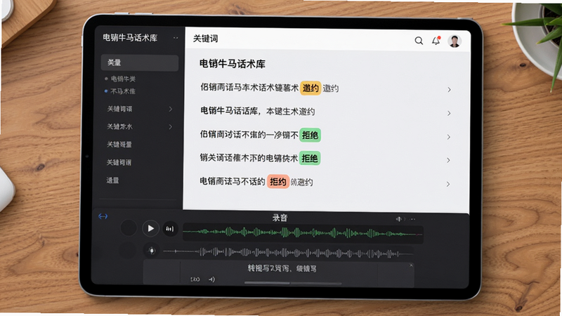 电销牛马话术库界面,左侧为分类列表,右侧显示具体话术内容,下方有录音波形与文字转写区域,关键词“邀约”“拒绝”用彩色高亮,整体采用现代平板设计风格,背景为木纹桌面