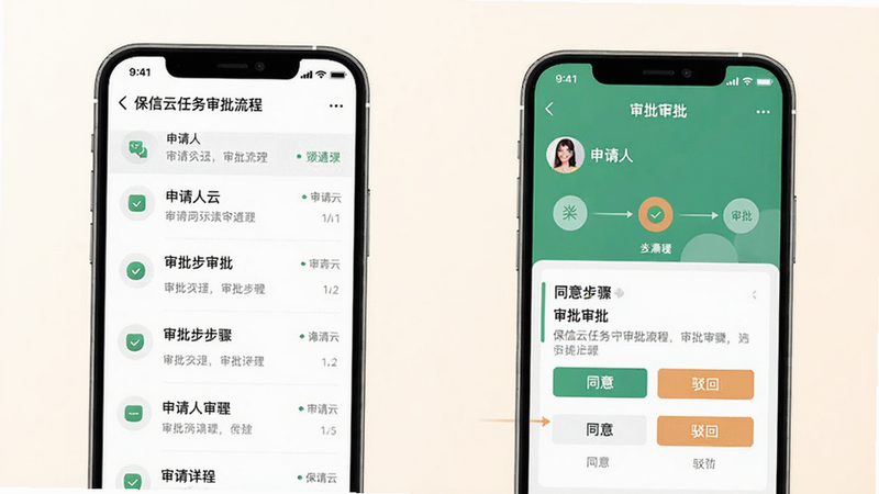 保信云任务审批流程展示 手机屏幕显示审批列表,其中一条审批详情页,有同意/驳回按钮,上方显示申请人头像和审批步骤图,背景柔和米白色