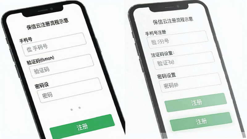 保信云注册流程示意 画面展示手机屏幕上的注册页面,从上到下依次是手机号输入框、验证码输入框、密码设置框,底部有绿色注册按钮,背景为纯白色,风格清晰扁平