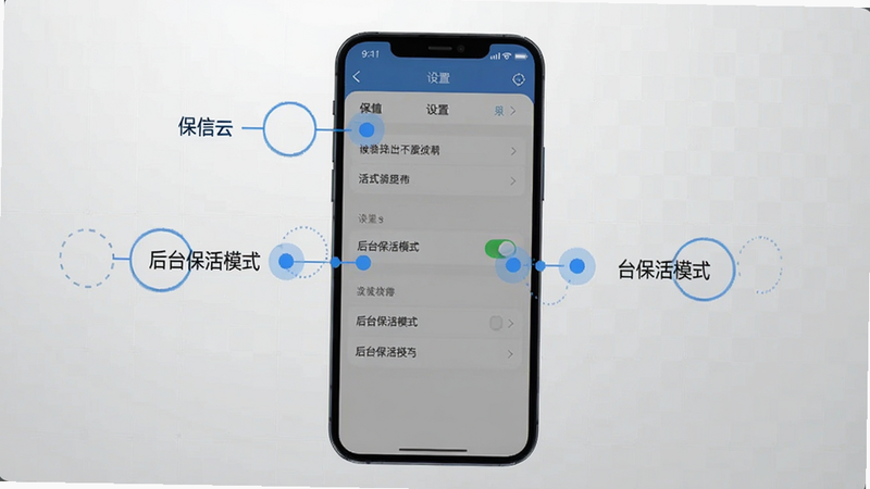 保信云使用技巧示意图 画面中央为手机竖屏,屏幕显示设置菜单中的“后台保活模式”开关,周围有蓝色圆点标注关键位置,背景采用浅灰渐变网格