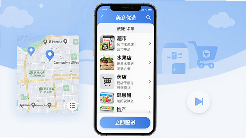 美多优选本地生活服务界面,地图上显示附近商家标记,列表中有超市、水果店、药店等选项,手机屏幕下方有“立即配送”按钮,背景为清爽的蓝白配色,突出便捷配送服务。