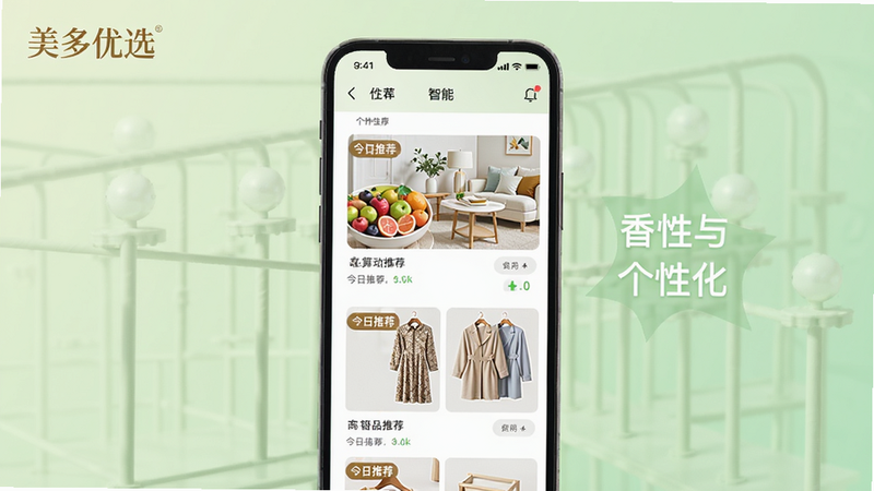美多优选的智能推荐功能展示,手机屏幕中显示个性化商品瀑布流,包含水果、家居、服饰等品类卡片,每张卡片上带有“今日推荐”标签,背景是淡雅渐变绿色,突出算法推荐与个性化。