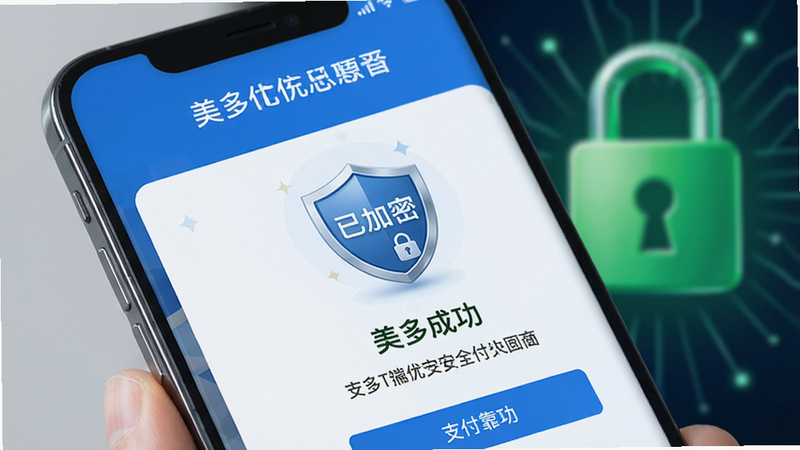 美多优选安全支付界面,手机屏幕显示支付成功页面,带有“已加密”盾牌图标,背景有绿色安全锁标志,整体色调为蓝色与白色,突出安全可靠。